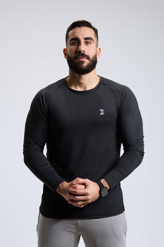 Jet Black Long Sleeve Gym Workout Performance Top